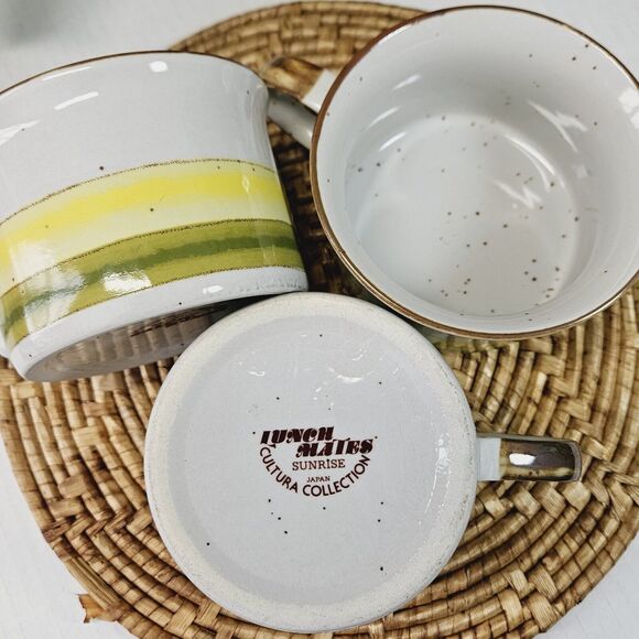 Vintage Stoneware Sunrise Set 3 Yellow Green Speckled Glaze Mug Coffee Tea Soup - Picture 7 of 11